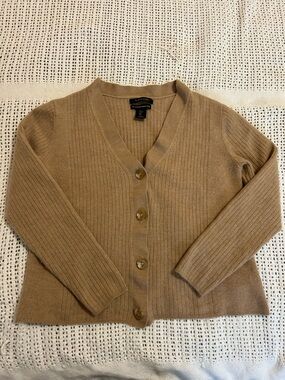 Tahari Camel Ribbed V‑Neck Merino Wool Knit Cardigan Size S-M